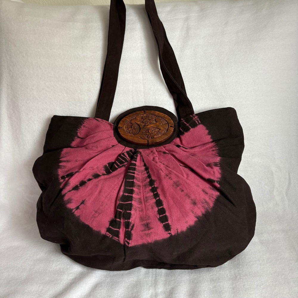 Boho Tie Dye Canvas Tote Bag Pink Brown Wood Medallion Slouchy Shoulder Bag